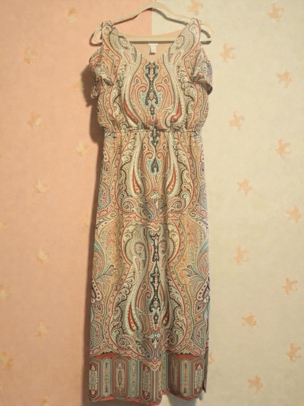 Chico's Peach Paisley Cold-Shoulder Midi Dress - Picture 5 of 10